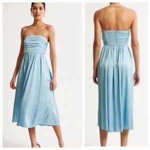 NEW ABERCROMBIE & FITCH STRAPLESS EMERSON RUCHED SATIN MIDI DRESS ICY BLUE SMALL